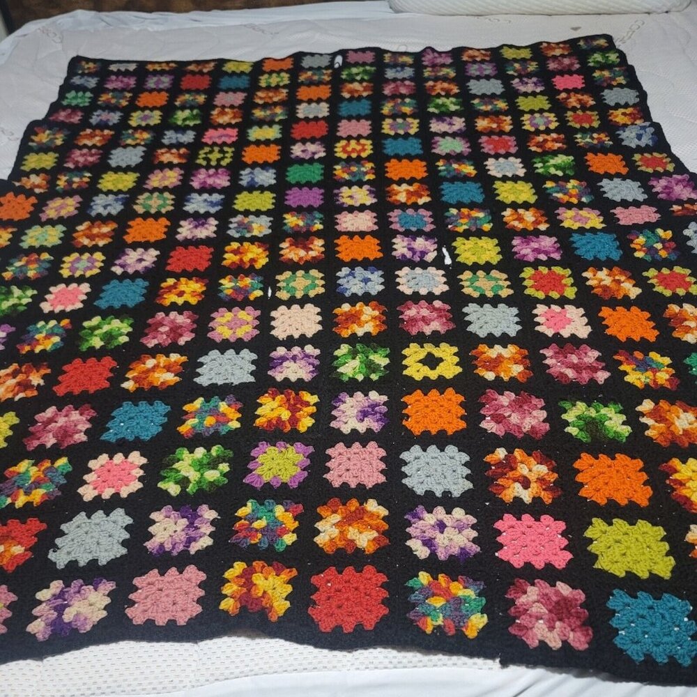 VTG 54" X 62" Crocheted Granny Square Afghan Blanket Black Bright Multicolor